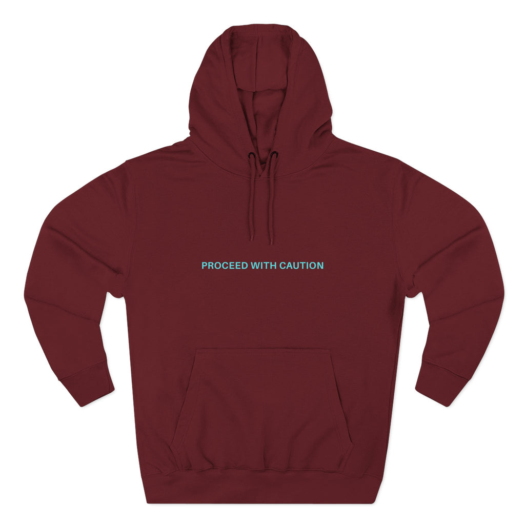 Proceed With Caution graphic fleece hoodie, Burgundy; hood with drawstrings, front print