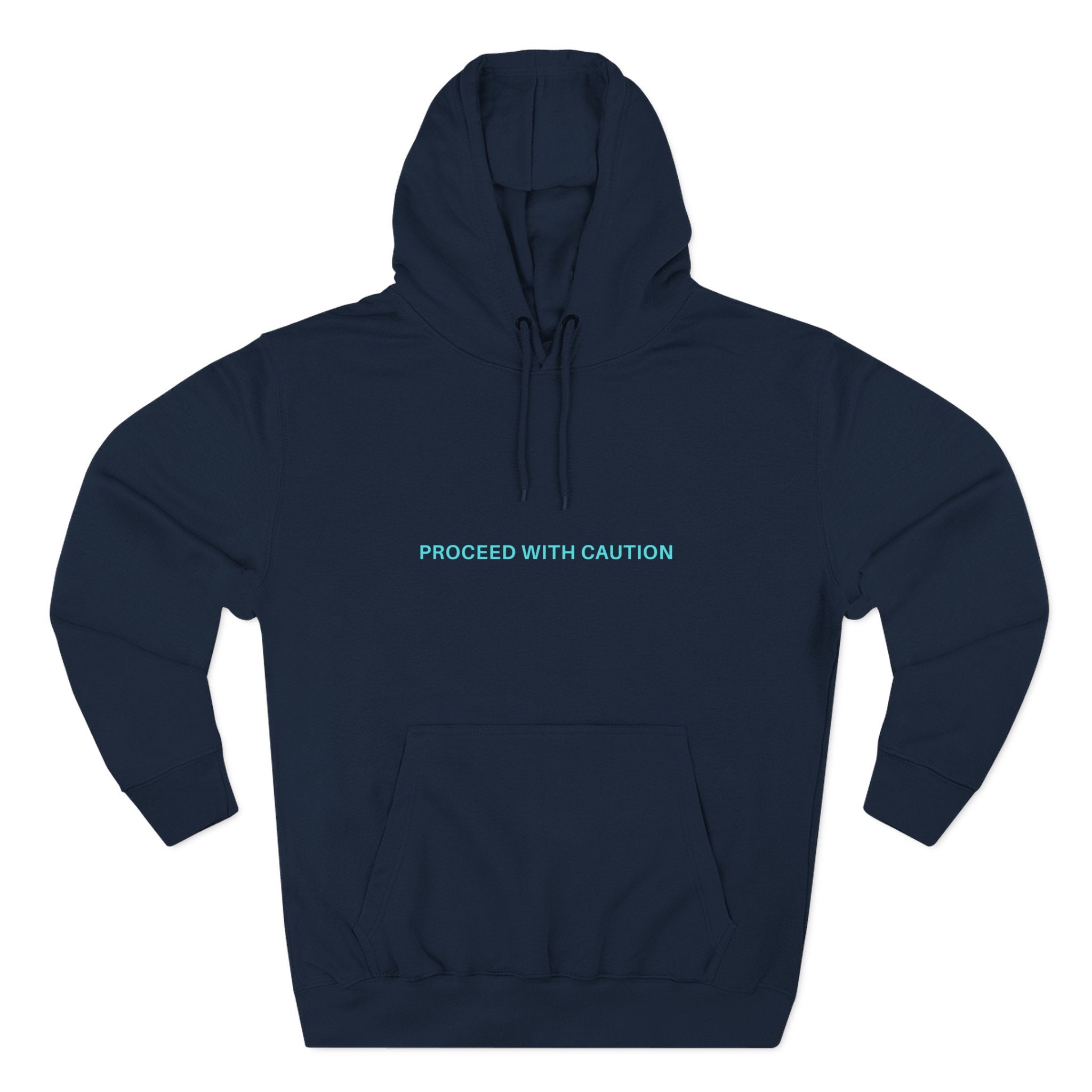 Proceed With Caution graphic fleece hoodie, Navy Blue; hood with drawstrings, front print