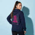 Navy blue hoodie with back graphic text “NOT FOR THE WEAK” and “Proceed with caution” chest print
