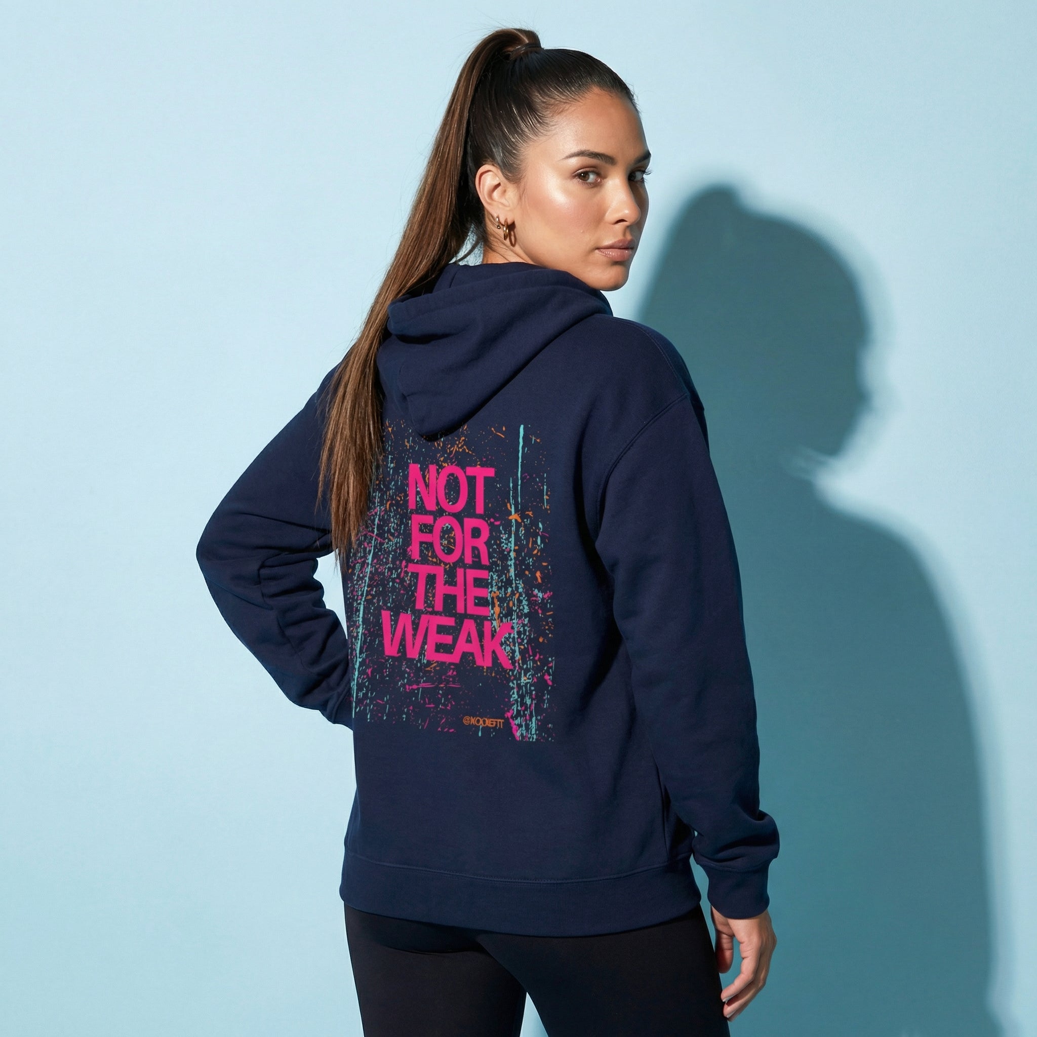 Graphic fleece hoodie, navy blue back with “NOT FOR THE WEAK” colorful graphic