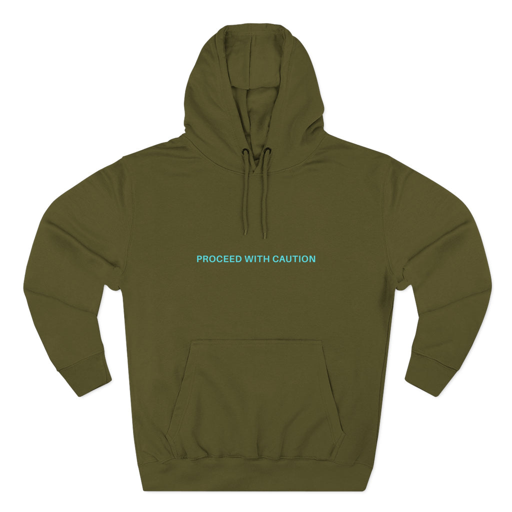 Proceed With Caution graphic fleece hoodie, Army Green; hood with drawstrings, front print