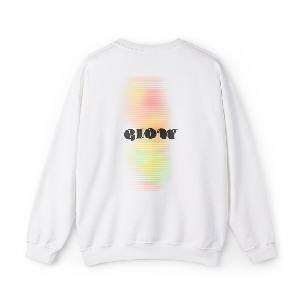 White graphic sweatshirt featuring a colorful glow design on the back for a trendy look