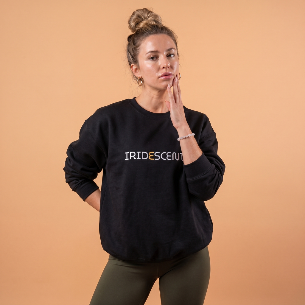 Black graphic sweatshirt with IRIDESCENT text designed for stylish comfort and casual wear