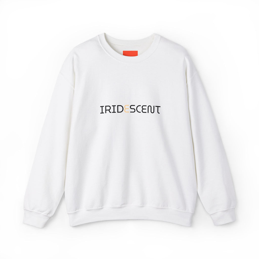 White graphic sweatshirt featuring the word IRIDESCENT in stylized lettering