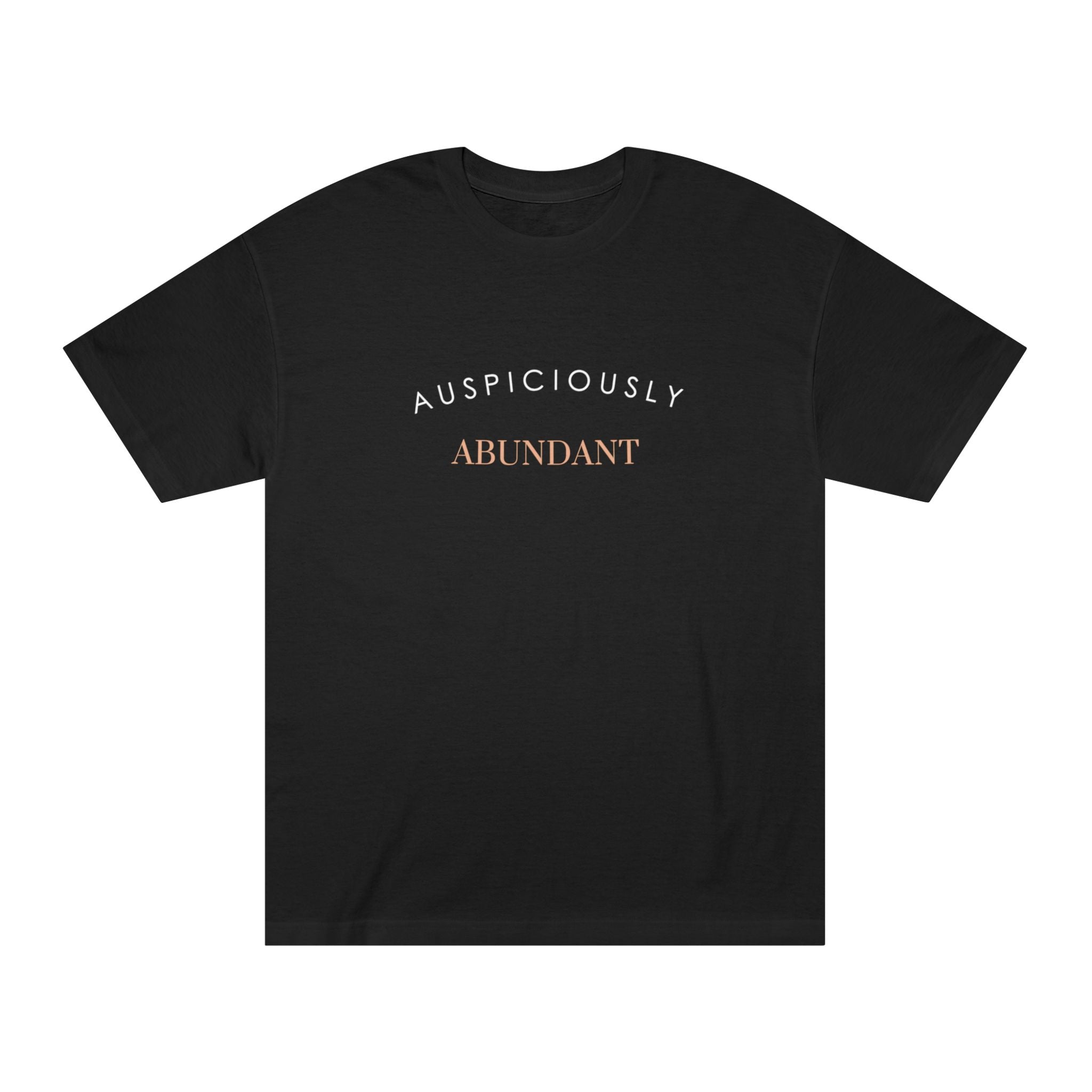 Black crewneck tee with gold “Auspiciously Abundant” text graphic on front