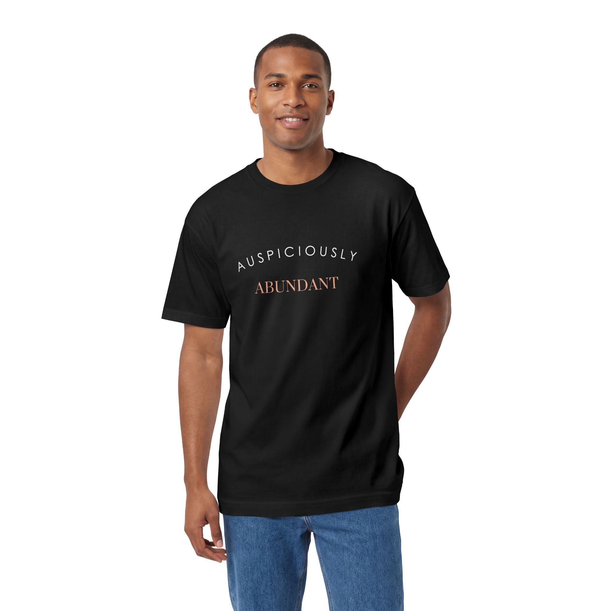 Black crewneck tee with 'Auspiciously Abundant' text graphic on chest