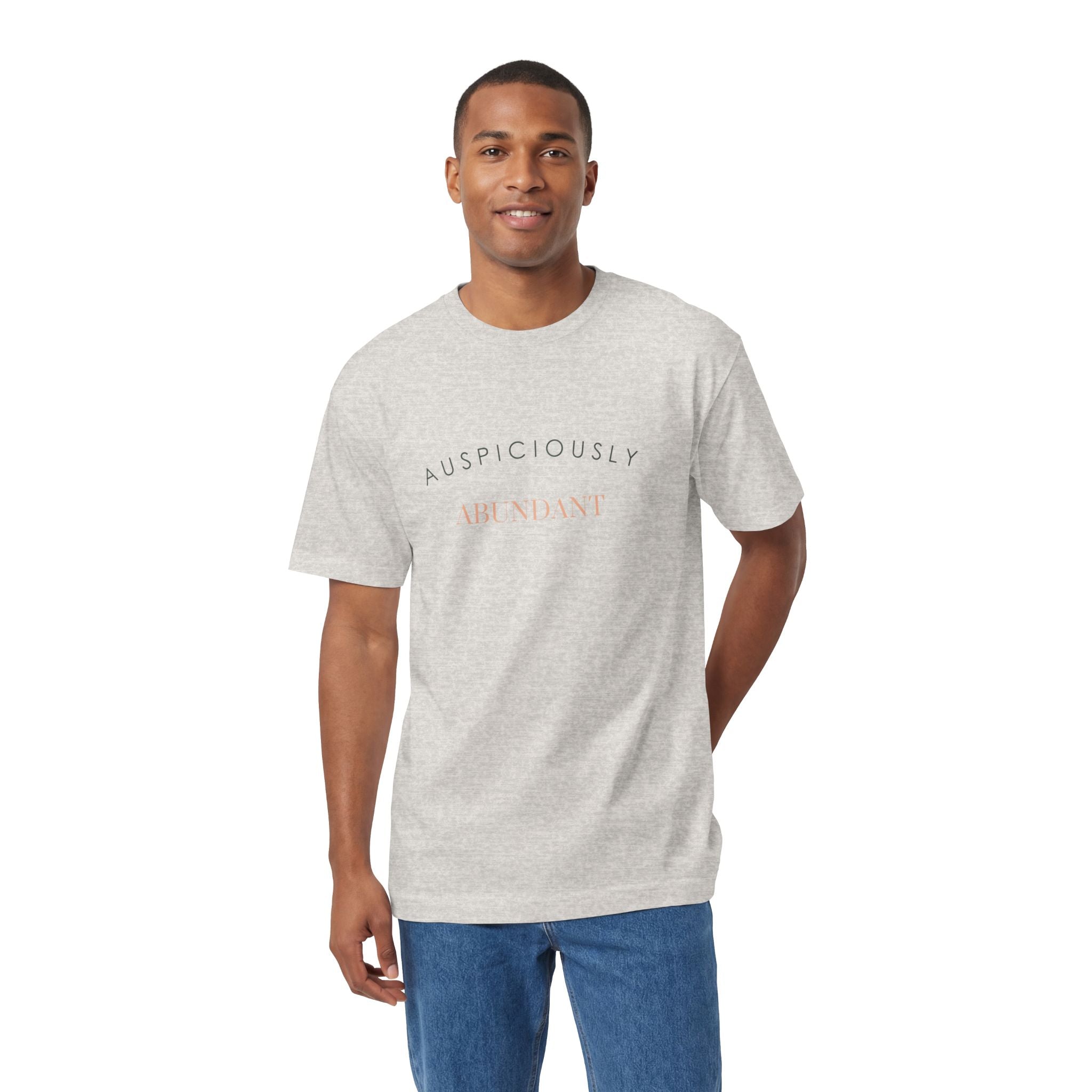 Silver grey crewneck tee with gold “Auspiciously Abundant” text graphic on front
