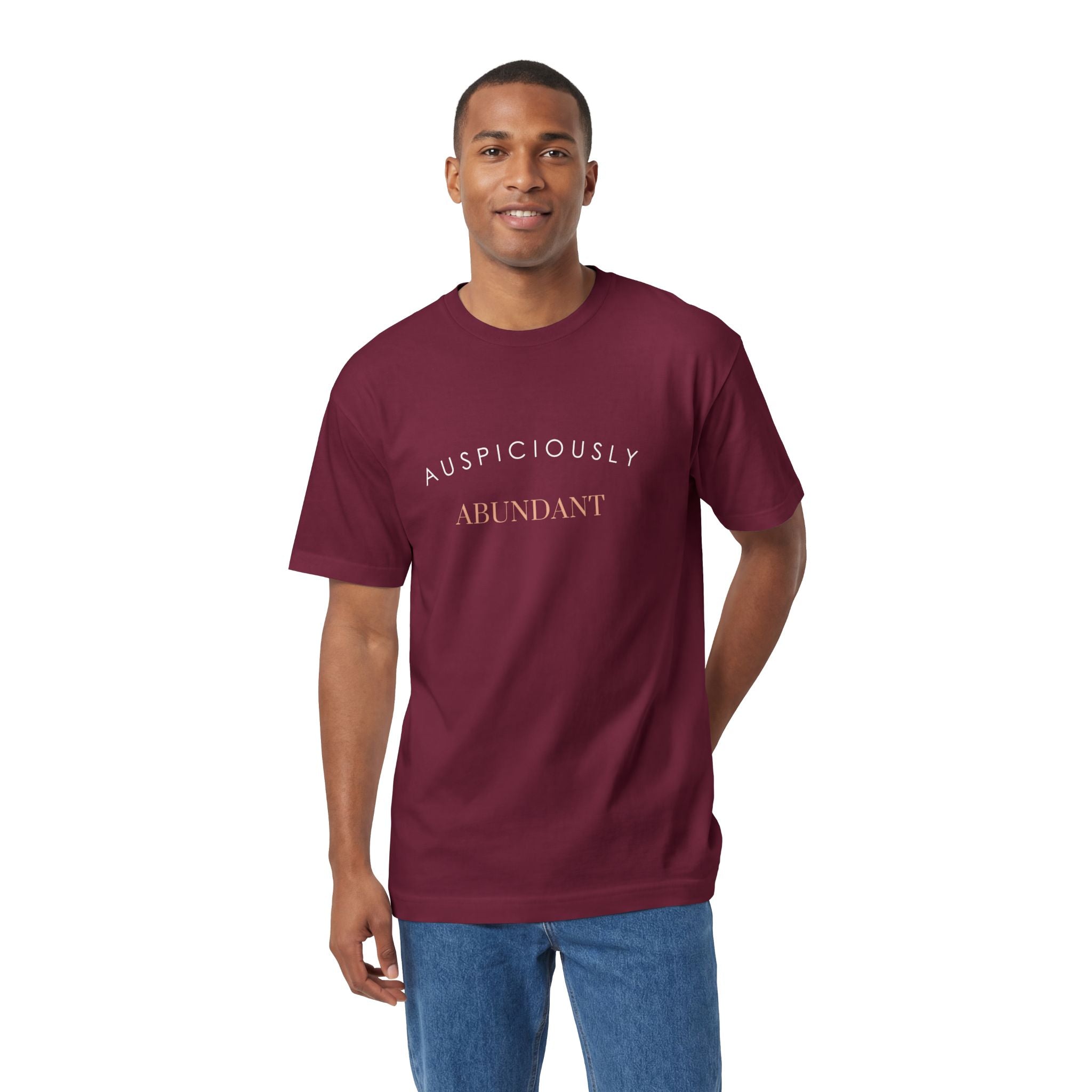 Burgundy crewneck tee with 'Auspiciously Abundant' text graphic on chest