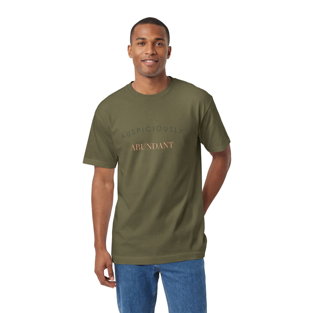 Olive green crewneck tee with 'Auspiciously Abundant' text graphic on chest