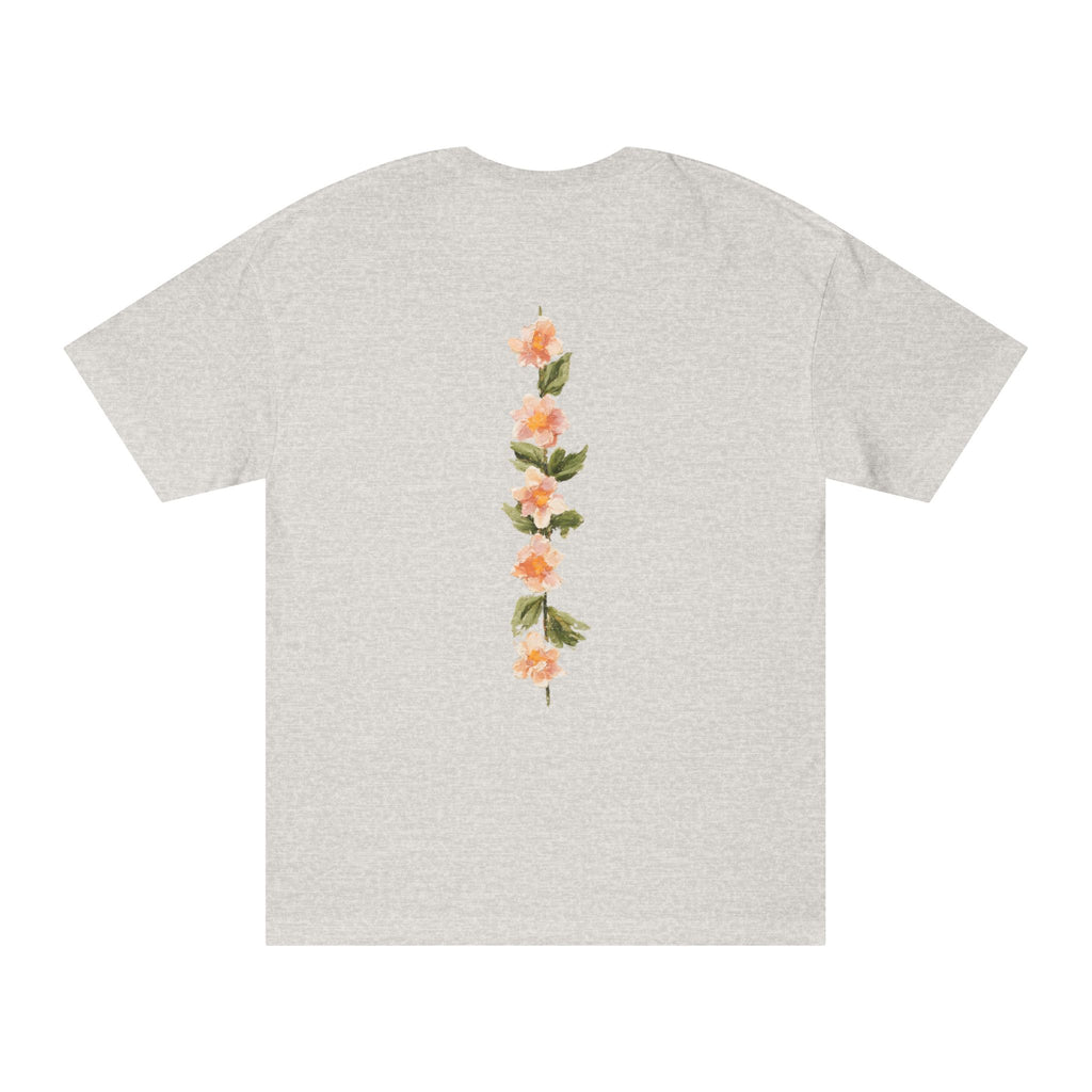 Silver grey crewneck tee with vertical floral graphic on back
