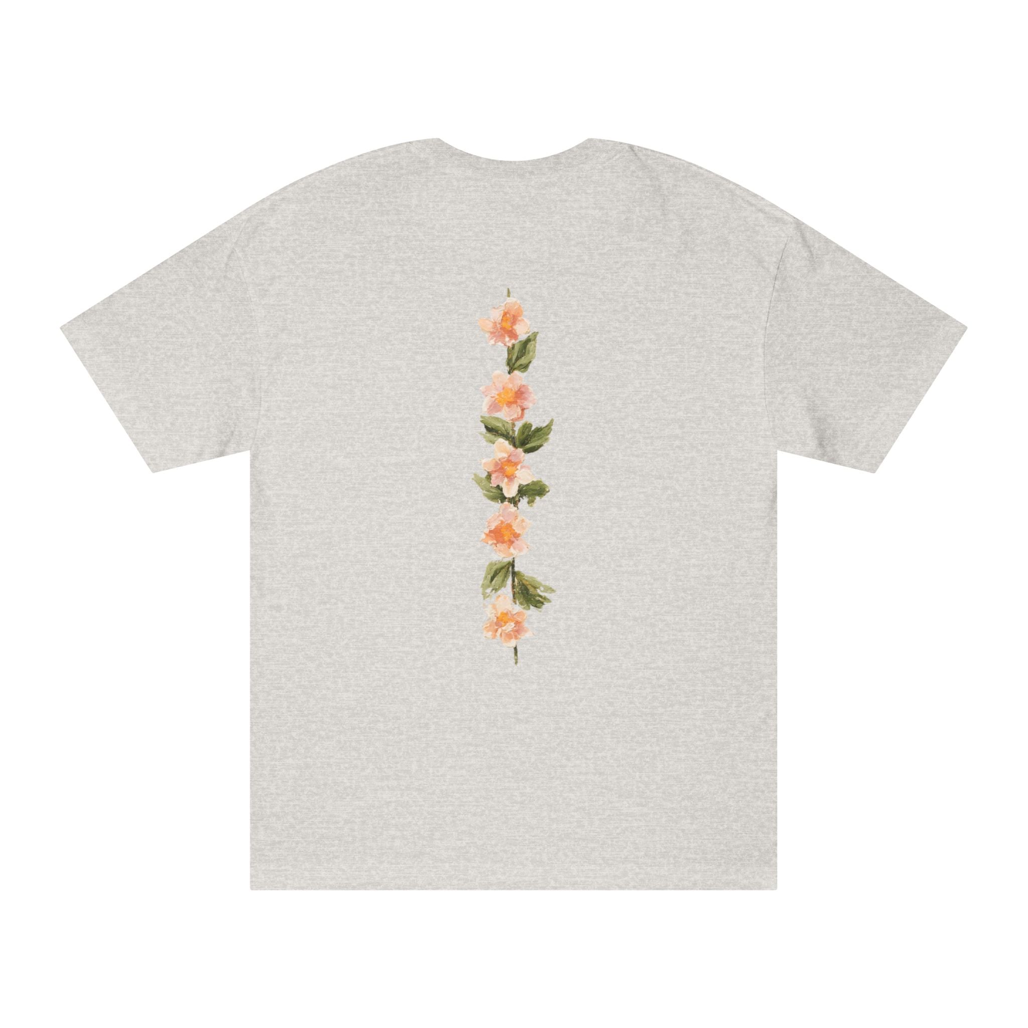 Silver grey crewneck tee with vertical floral graphic on back