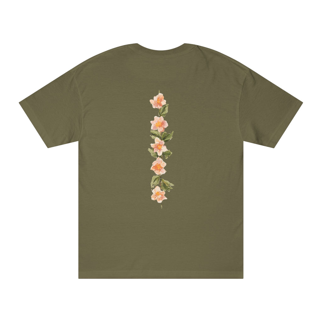 Military green crewneck tee with vertical floral graphic on back