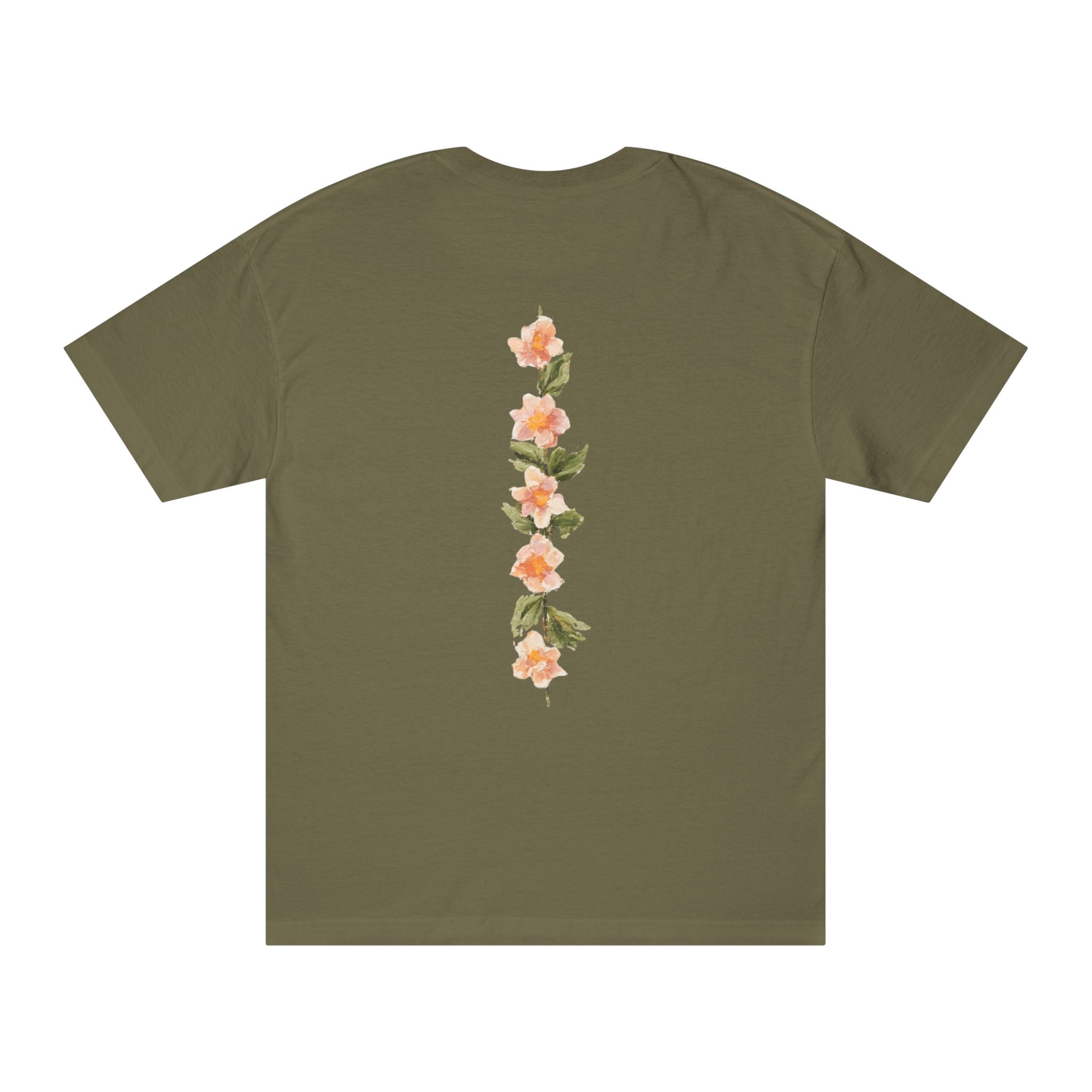 Military green crewneck tee with vertical floral graphic on back