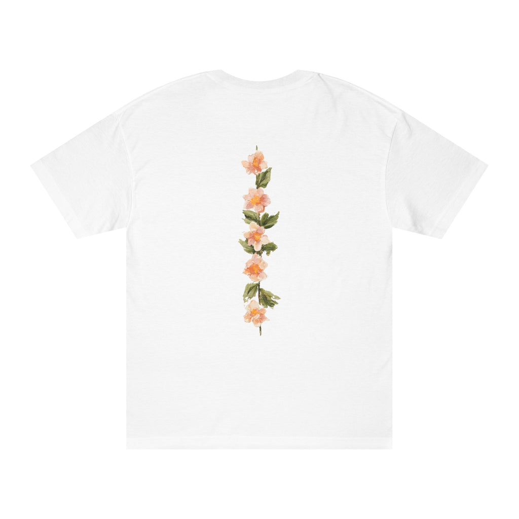 White crewneck tee with vertical floral graphic on back