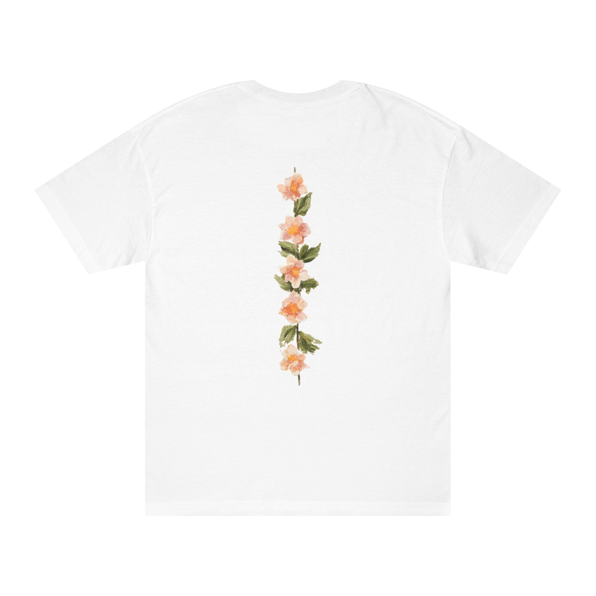 White crewneck tee with vertical floral graphic on back