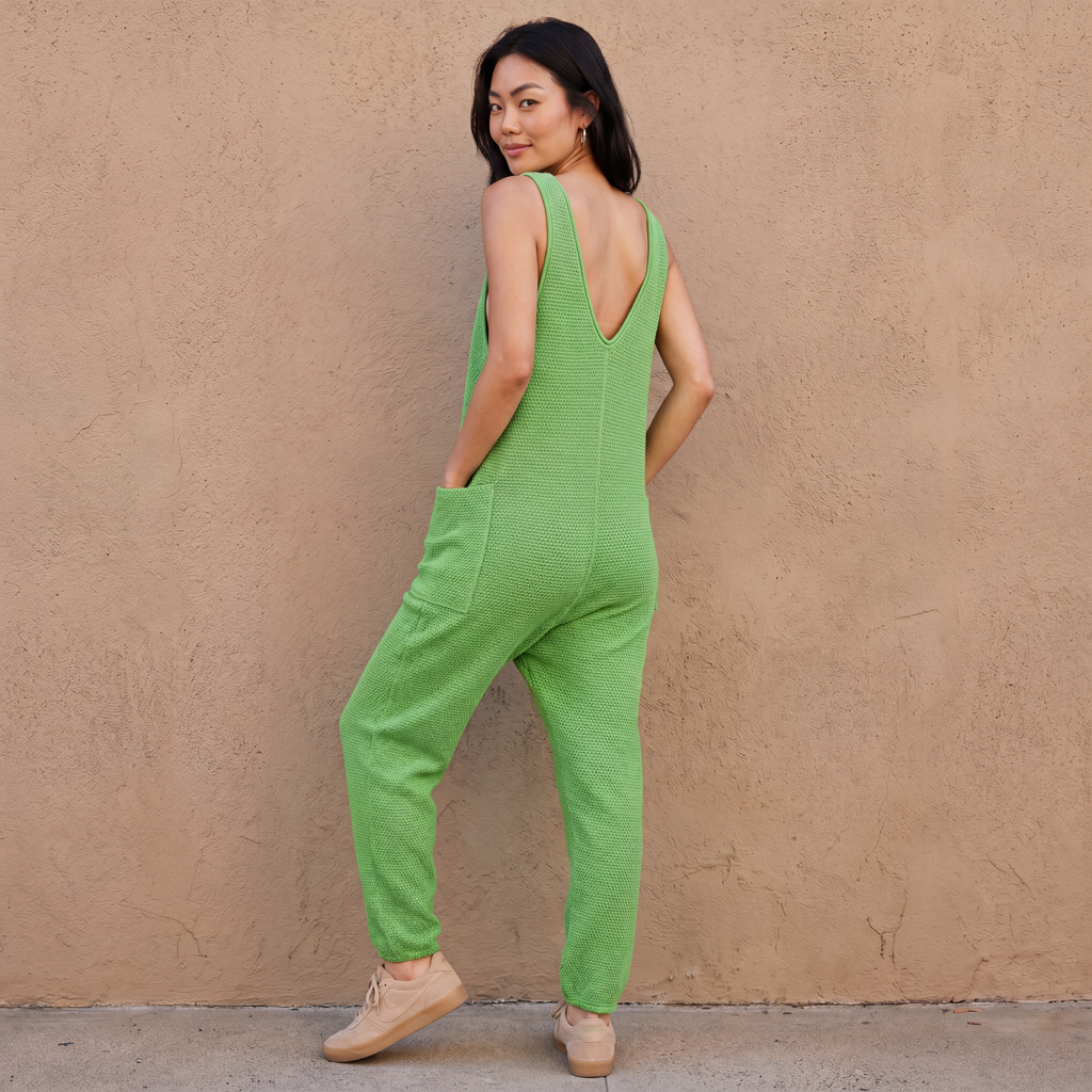 Green knit sleeveless wide-leg pocket jumpsuit, back view