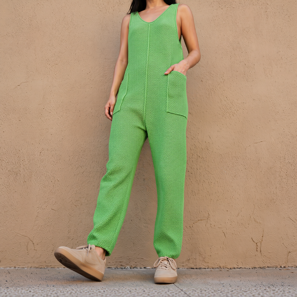 Green knit sleeveless wide-leg jumpsuit with side pocket detail
