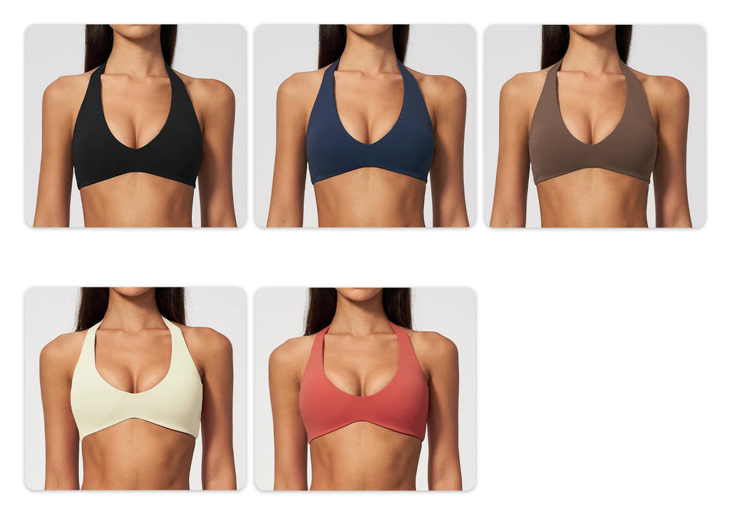 Yoga bra color options collage: black, navy, brown, cream, red halter styles
