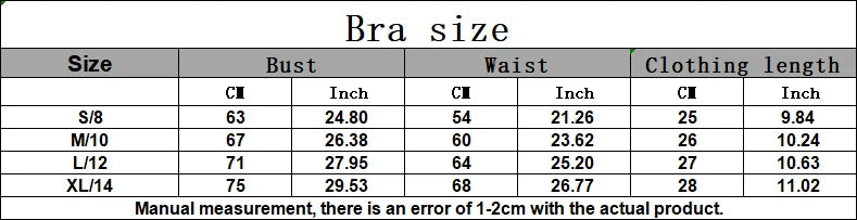 Sports bra size chart with bust and waist measurements for S/M through XL/14