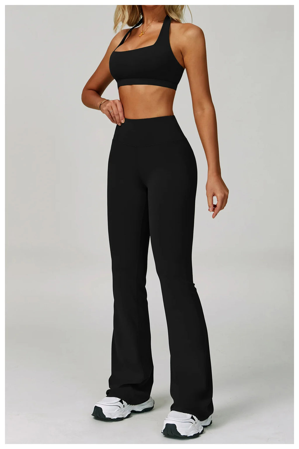 Xooie Fit Halter Sports Bra and Leggings Set in Black for Comfortable Activewear