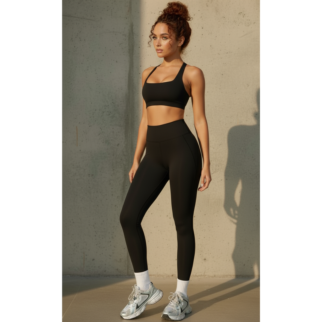 Xooie Fit Halter Sports Bra and Leggings Set in Black for Comfortable Workouts