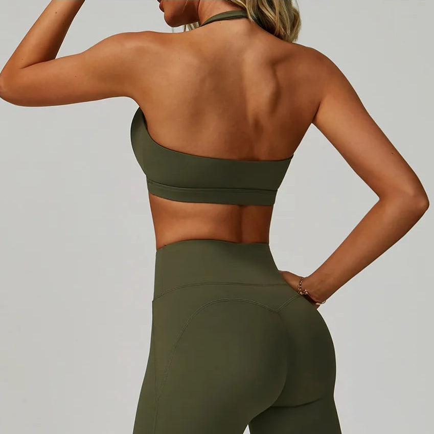 Xooie Fit Halter Sports Bra and Leggings Set in Olive Green for Comfortable Workout Wear
