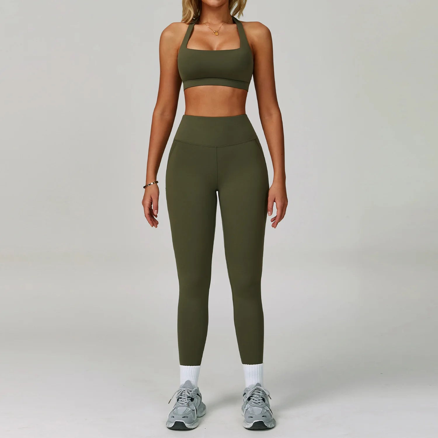 Xooie Fit Halter Sports Bra and Leggings Set in Olive Green for Comfortable Workouts 