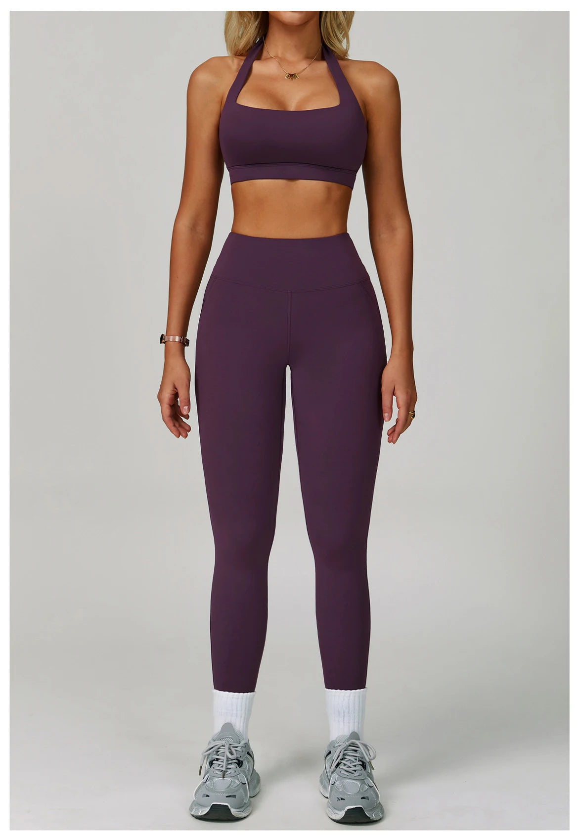Xooie Fit Halter Sports Bra and Leggings Set in Dark Purple for Comfortable Workouts