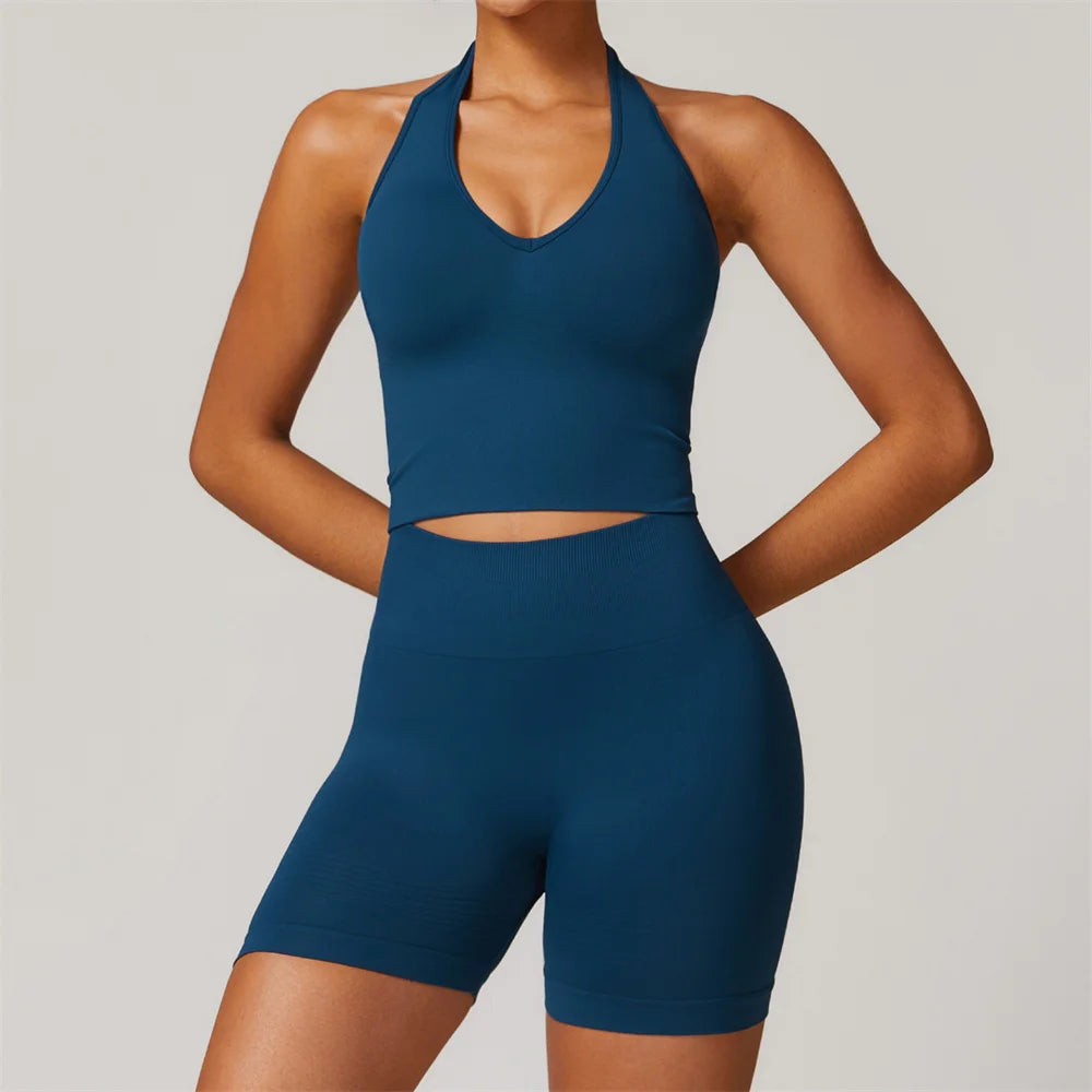 Xooie Fit halter tank and shorts workout set in dark blue two-piece activewear for women