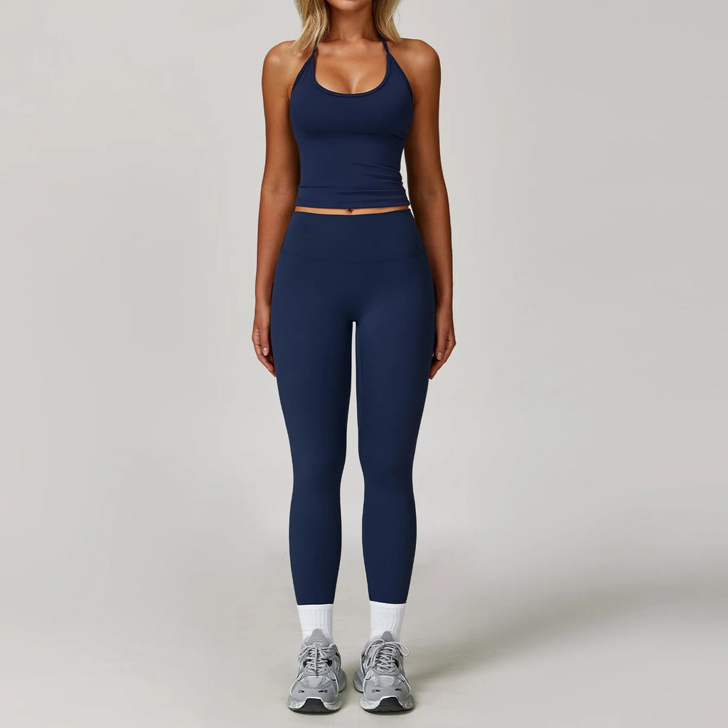 Xooie Fit Halter Tank Top and Leggings Set in Navy for Comfortable and Stylish Workouts