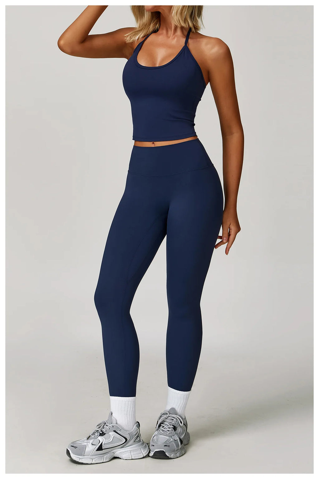 Xooie Fit Halter Tank Top and Leggings Set in Navy Blue for Comfortable Workout Style