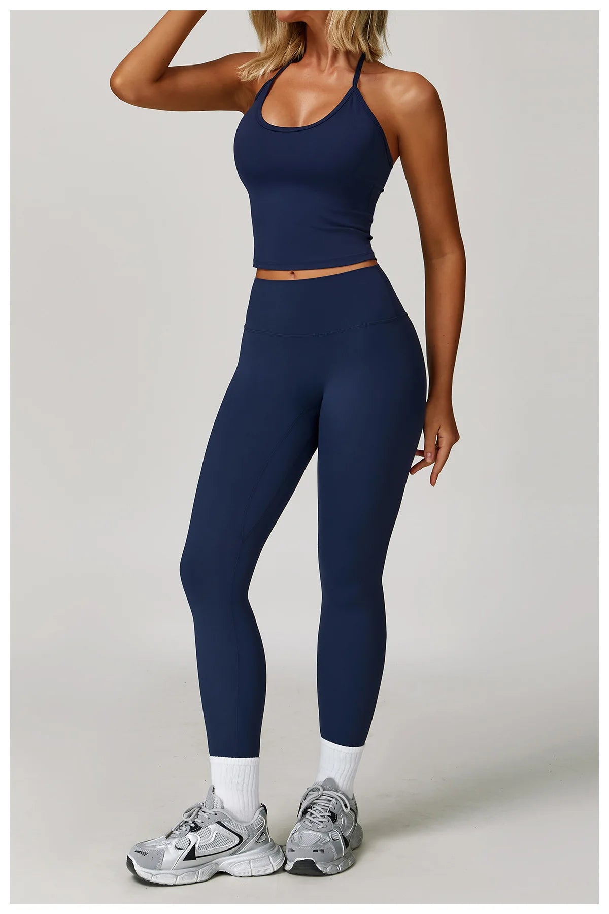 Xooie Fit Halter Tank Top and Leggings Set in Navy Blue for Comfortable Workout Style