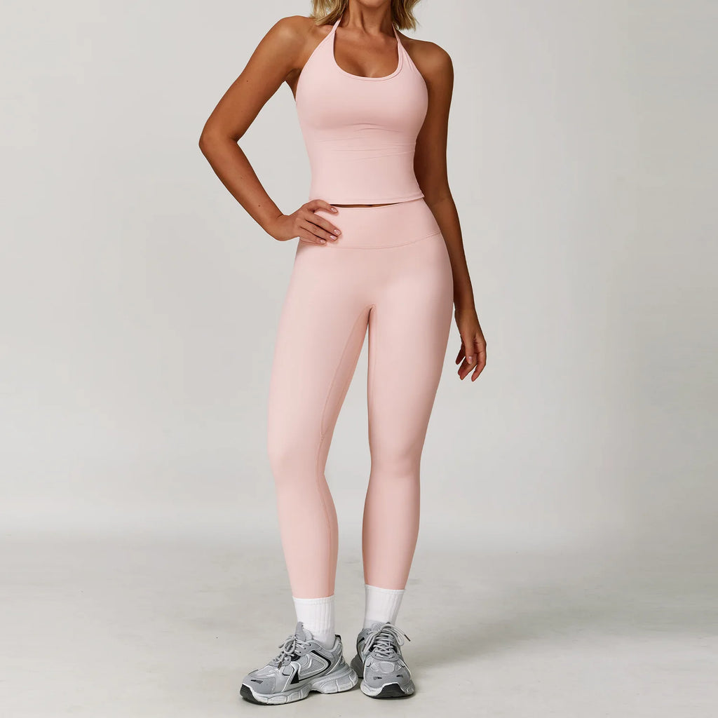 Xooie Fit Halter Tank Top and Leggings Set in Soft Pink for Comfortable Workout Wear