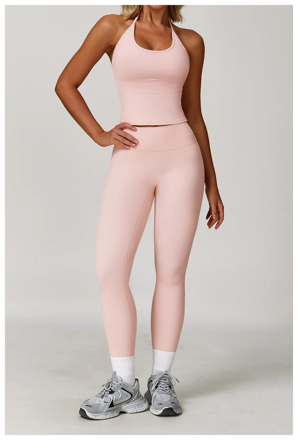 Xooie Fit Halter Tank Top and Leggings Set in Light Pink for Comfortable Athleisure Wear
