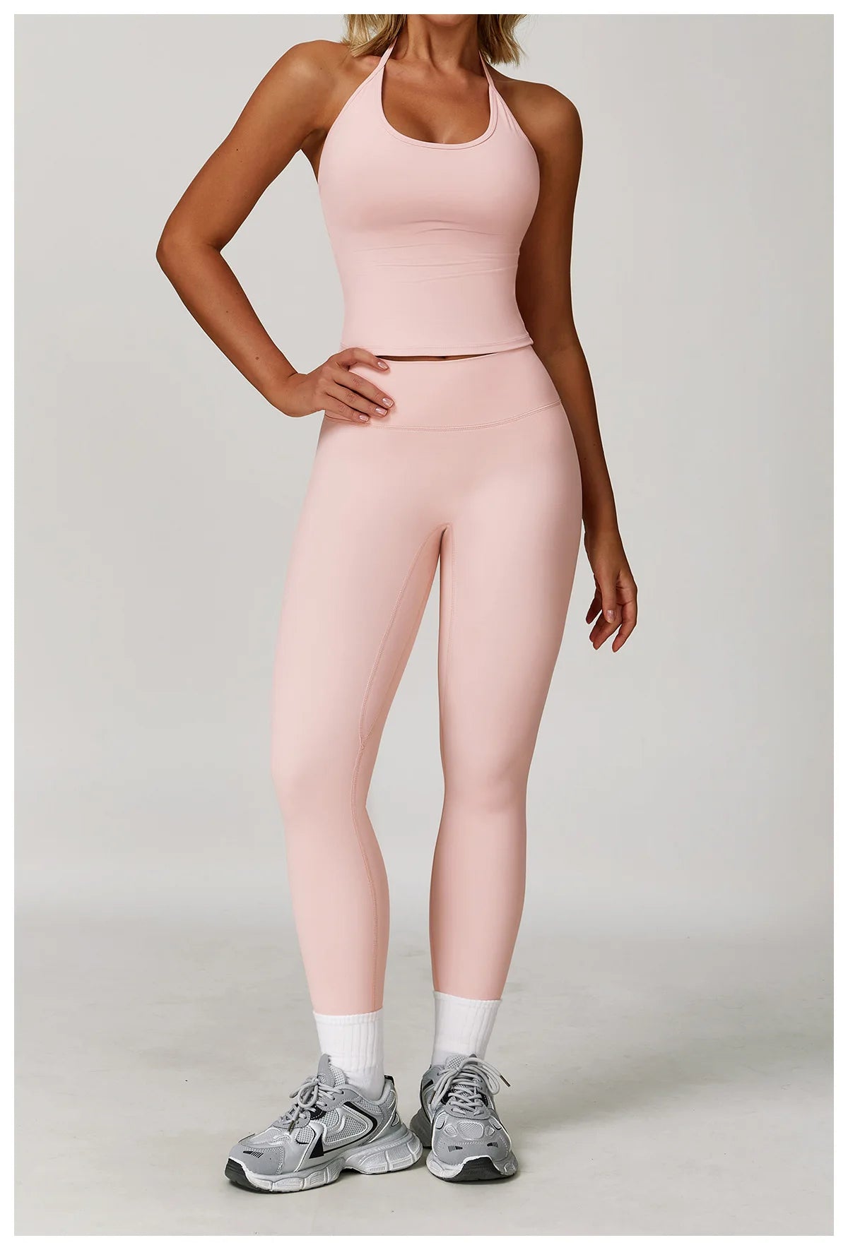 Xooie Fit Halter Tank Top and Leggings Set in Light Pink for Comfortable Athleisure Wear