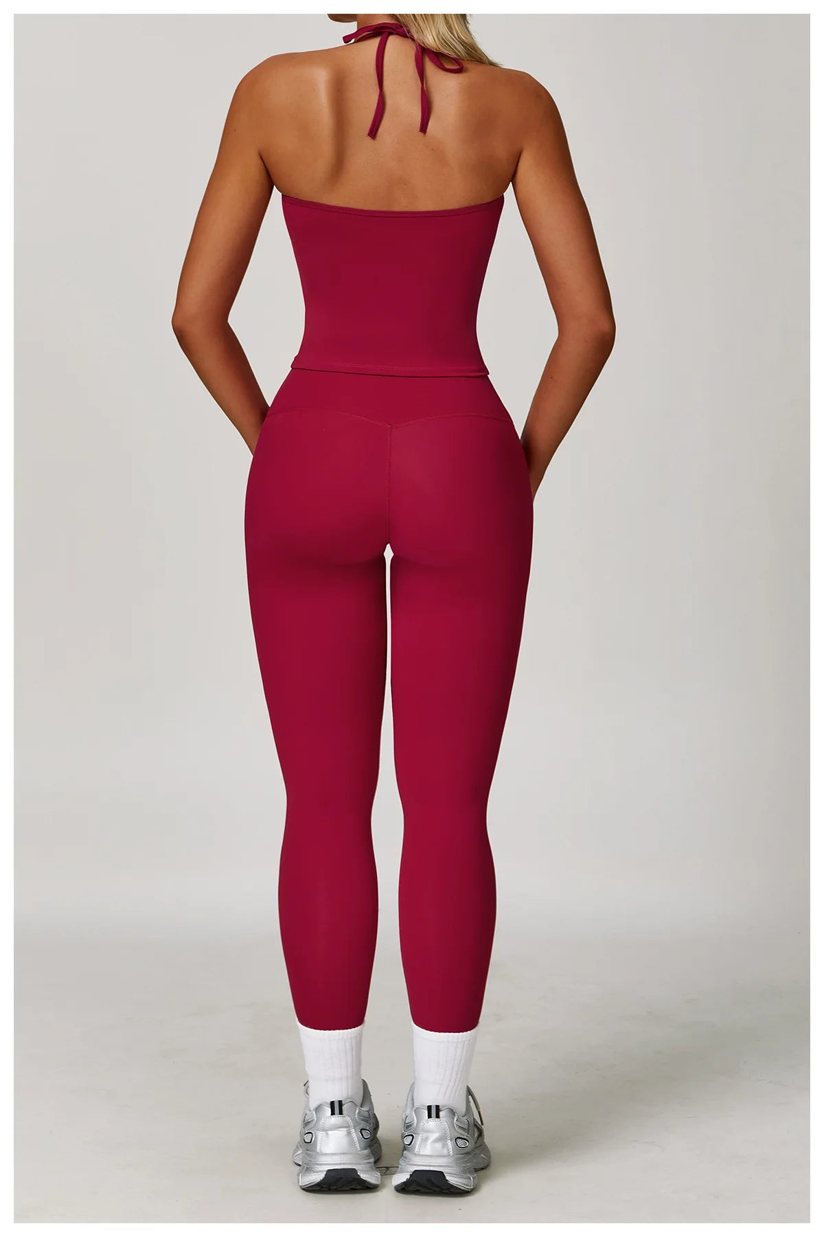 Xooie Fit Halter Tank Top and Leggings Set in Burgundy for Comfortable Workout Wear