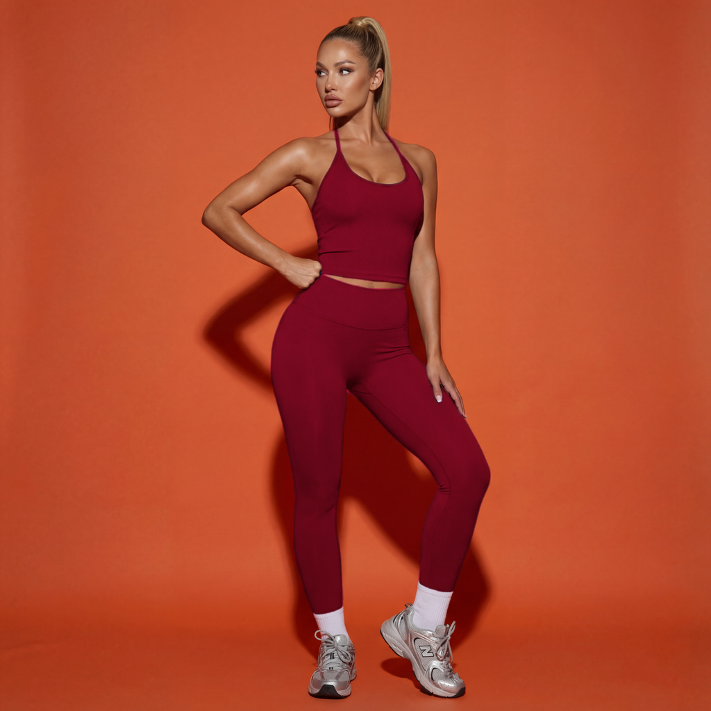 Xooie Fit Halter Tank Top and Leggings Set in Burgundy for a Stylish Workout Look