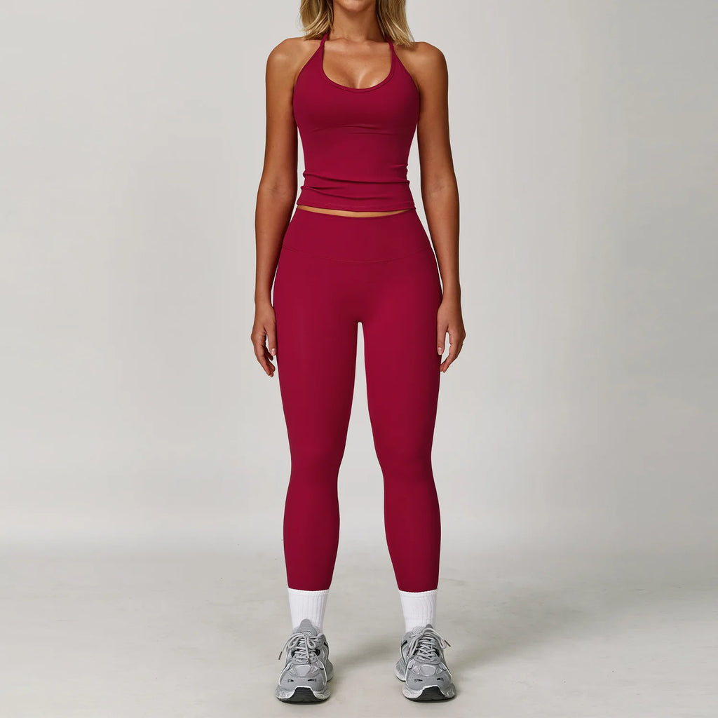 Xooie Fit Halter Tank Top and Leggings Set in Burgundy for Comfortable Fitness Apparel