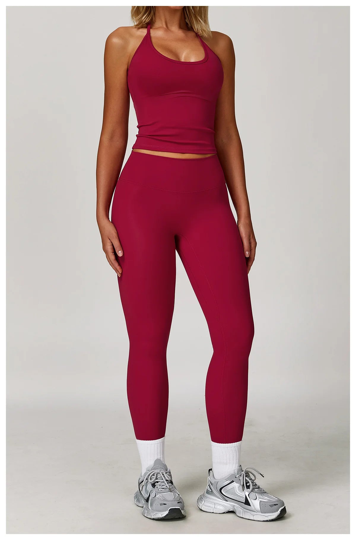 Xooie Fit Halter Tank Top and Leggings Set in Burgundy for Comfortable Fitness Activities