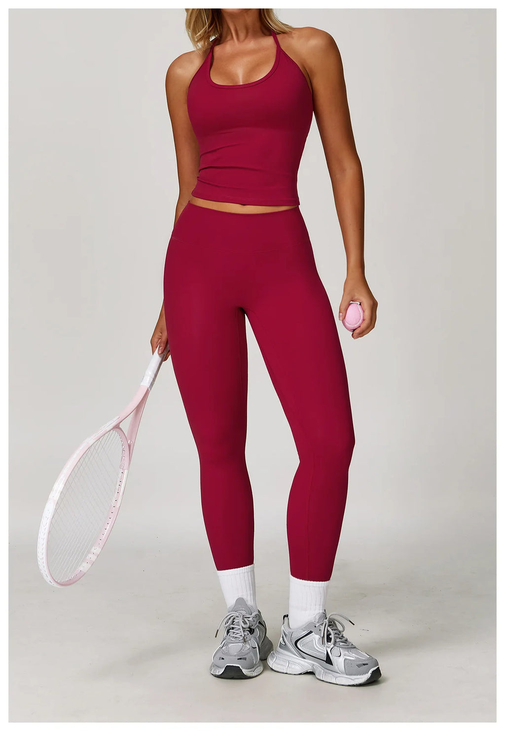 Xooie Fit Halter Tank Top and Leggings Set in Burgundy for Activewear and Workouts