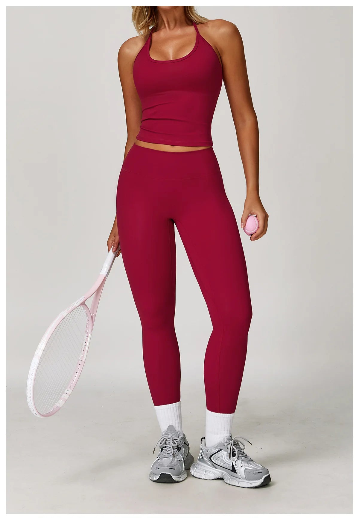 Xooie Fit Halter Tank Top and Leggings Set in Burgundy for Activewear and Workouts
