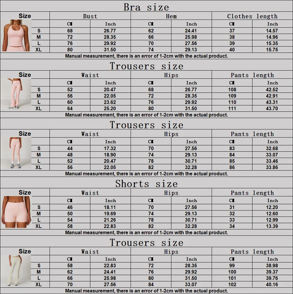 Xooie Fit halter tank top and leggings set featuring size measurement chart for a perfect fit