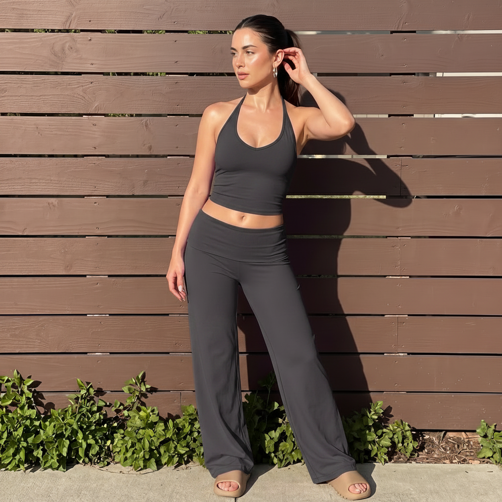 Xooie Fit Halter Top Flare Pants Set in Black with a Casual and Stylish Design