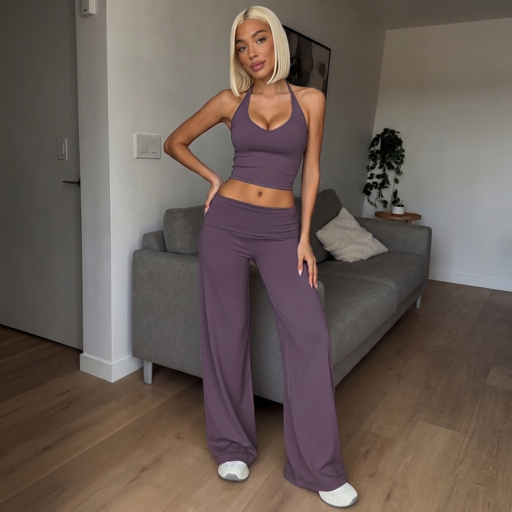 Plum halter V-neck crop top with matching flare pants, wide-leg silhouette