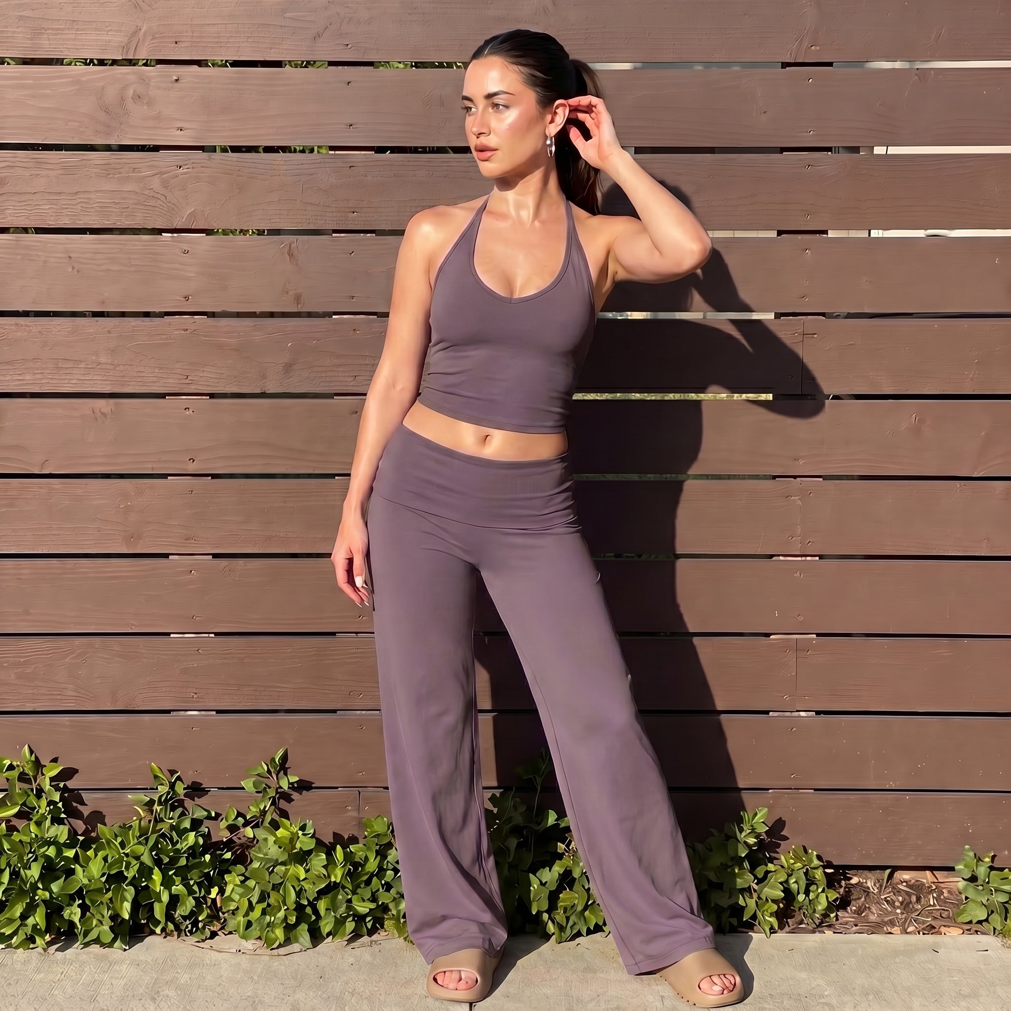 Xooie Fit Halter Top Flare Pants Set in Soft Gray for Stylish Casual Wear
