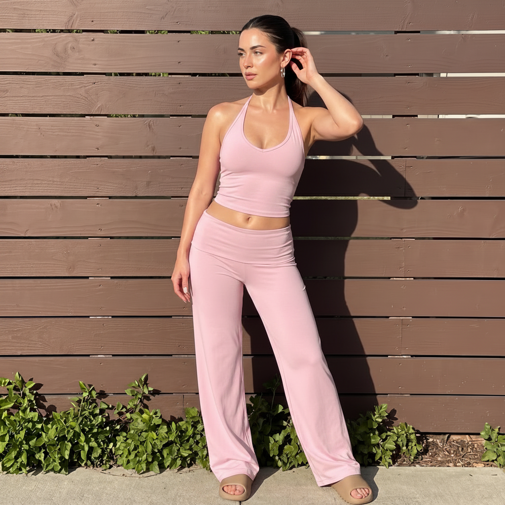 Xooie Fit Halter Top Flare Pants Set in Soft Pink for a Stylish Summer Look