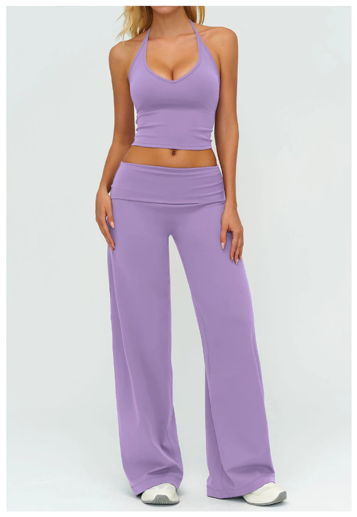 Women's yoga set with halter sports bra and wide-leg pants, lavender