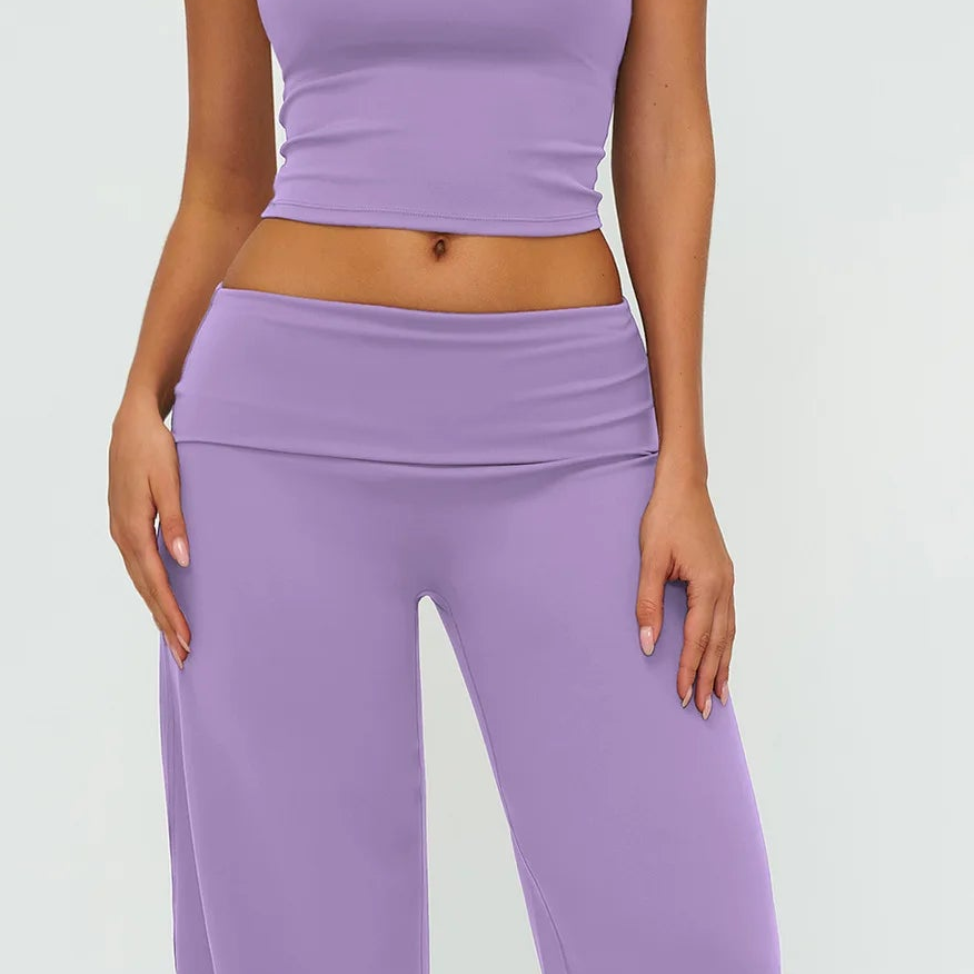 Light purple halter spaghetti-strap crop top and high-waist flare pants set