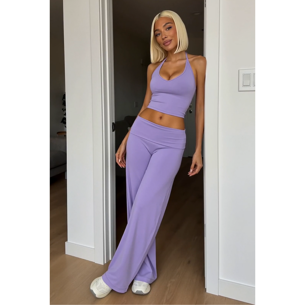 Lavender V-neck halter crop top with matching flare pants, full-length view