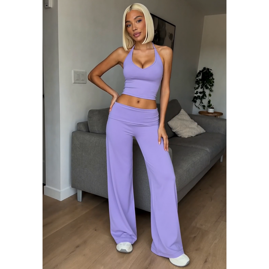 Lavender V-neck halter crop top with matching flare pants, wide-leg fit